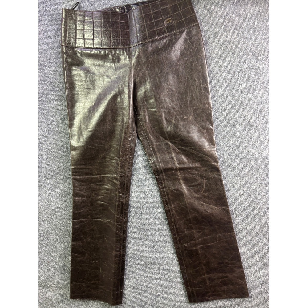 Chanel Leather Pants Women 38 Brown Quilted Yoke Silk Lined Calfskin CC Logo 02A